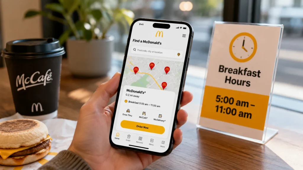 Checking McDonald's breakfast hours at cafe